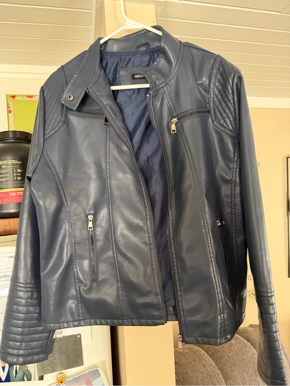 Womens Navy Faux Leather Moto Jacket